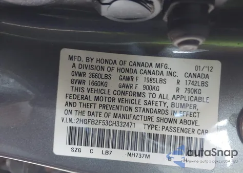 2012 Honda Civic Lx из США, поврежденный, VIN 2HGFB2F53CH332471